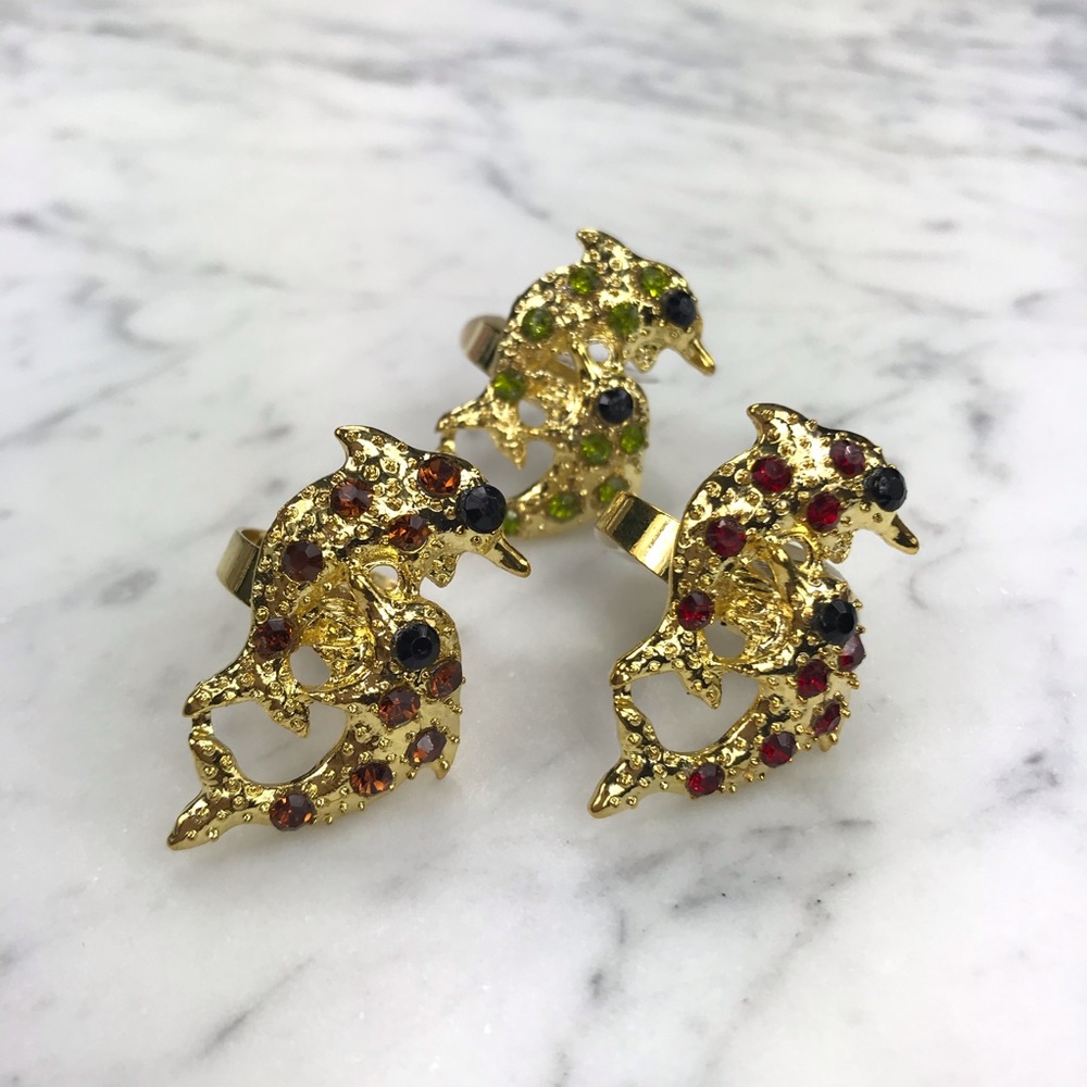 Vtg 90s y2K rhinestone dolphin rings bundle gold✨